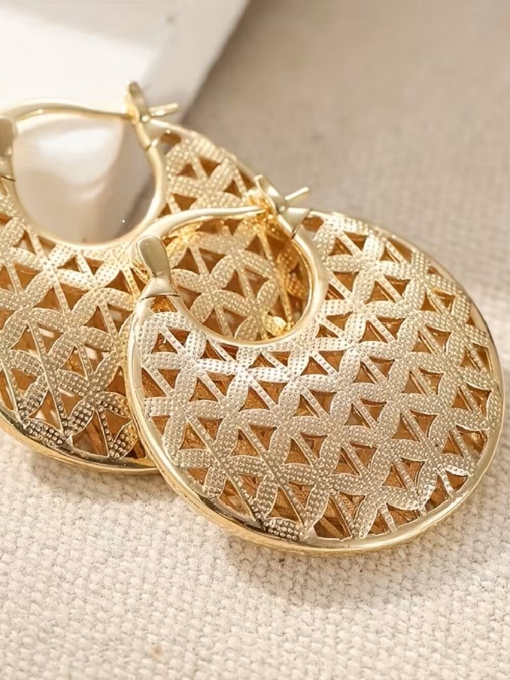 Gold Basketweave Hinged Clasp Hoop Earrings